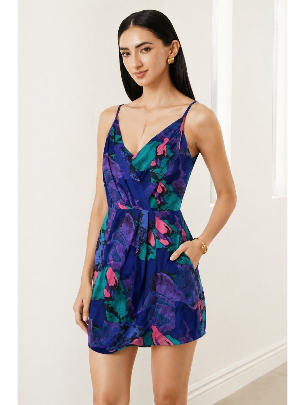 Yumi Kim 100% Silk Abstract Print Mini Dress XS Surplice V Neck Strappy